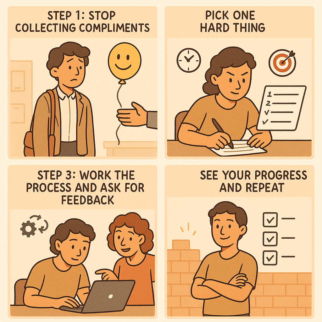 A four-panel comic strip showing a person's journey from receiving empty compliments to building real confidence through tackling challenges, working with feedback, and achieving tangible results.