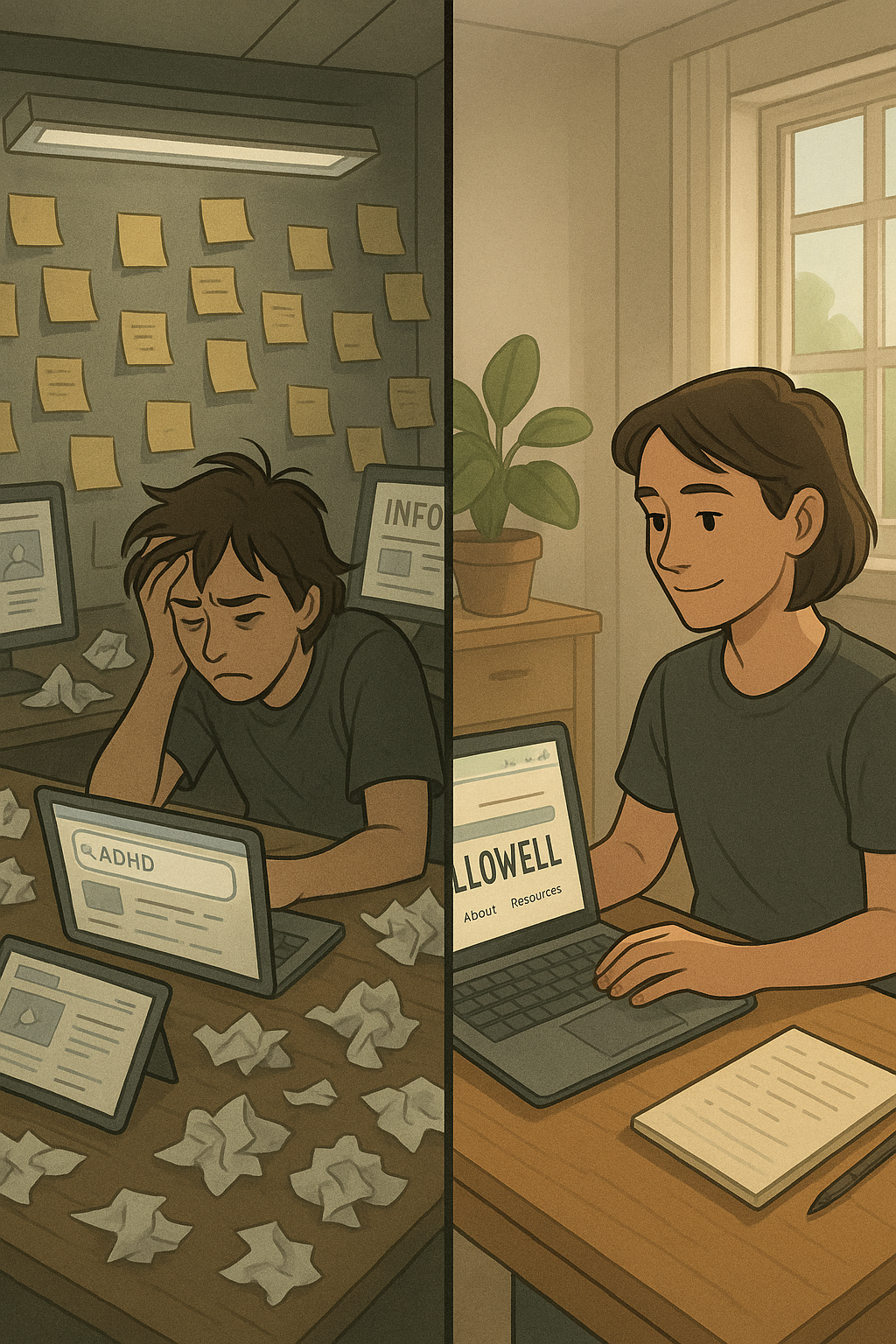 A person's transformation from chaotic research with scattered notes and multiple devices to calm focus using one trusted website for attention support guidance.