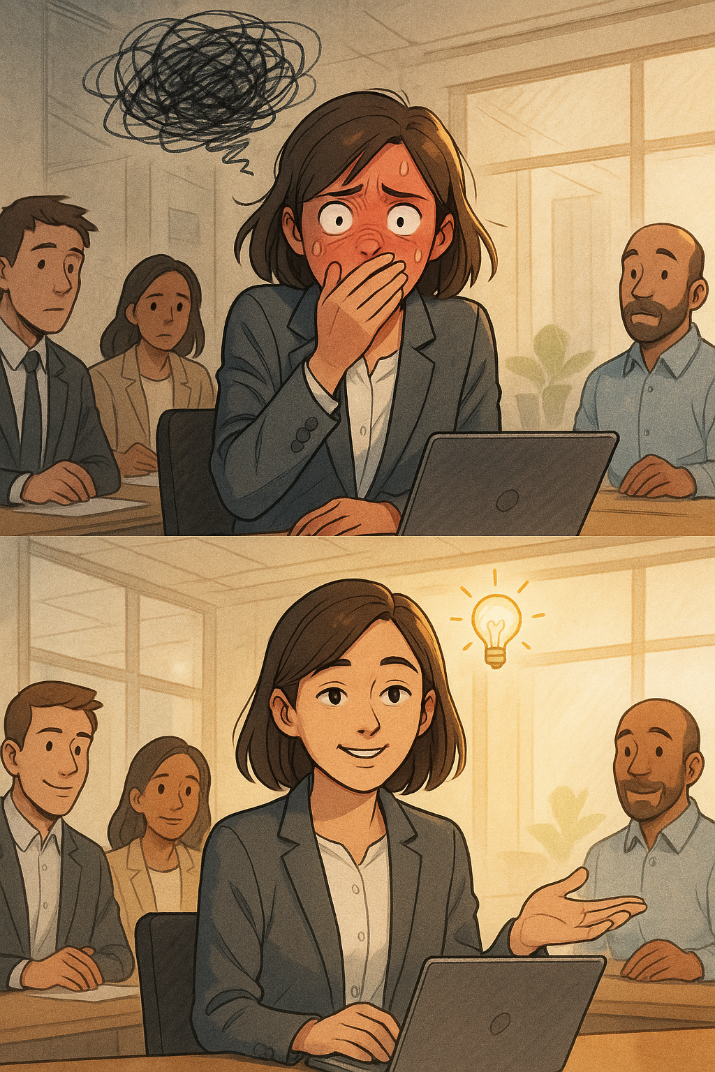 A professional woman transforms from flushed embarrassment to calm confidence in a modern office meeting, illustrating how to use awkward feelings as helpful social cues.