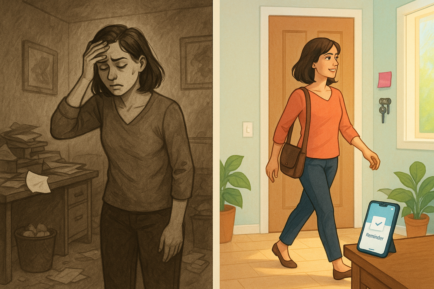 Side-by-side comparison showing a stressed woman in a chaotic room versus the same woman looking calm and organised with multiple helpful reminder systems in place