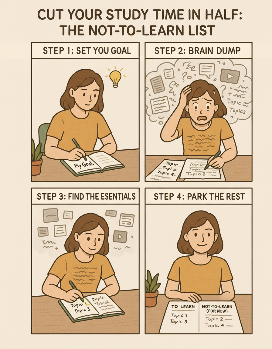 A four-panel comic strip showing a student creating a Not-To-Learn list, moving from setting a clear goal through brain dumping topics to identifying essentials and finally achieving calm focus with organised lists.