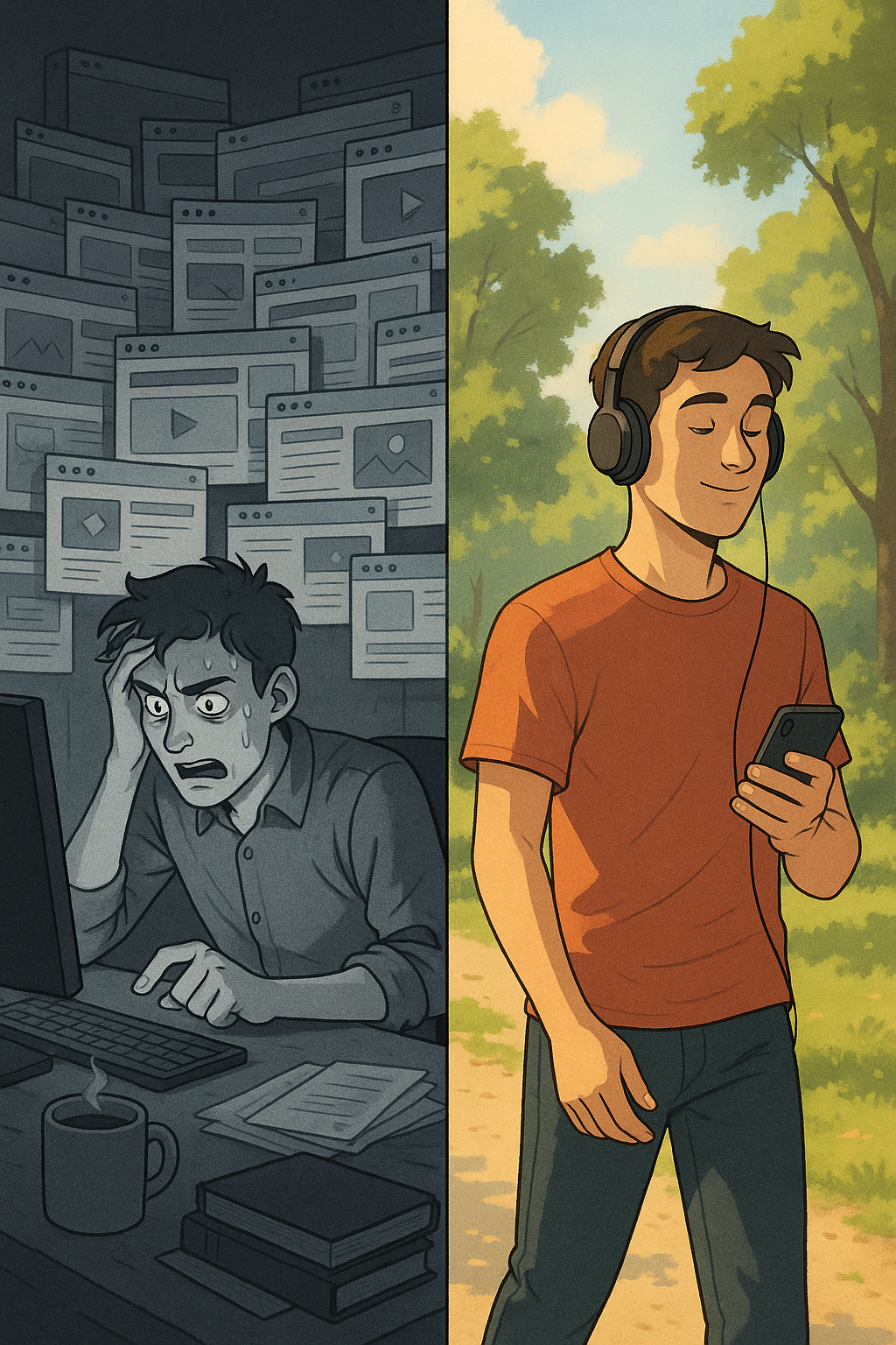 A side-by-side comparison showing a stressed person chaotically clicking through web articles at their desk versus the same person calmly listening to saved articles on their phone whilst walking outside in a sunny park.