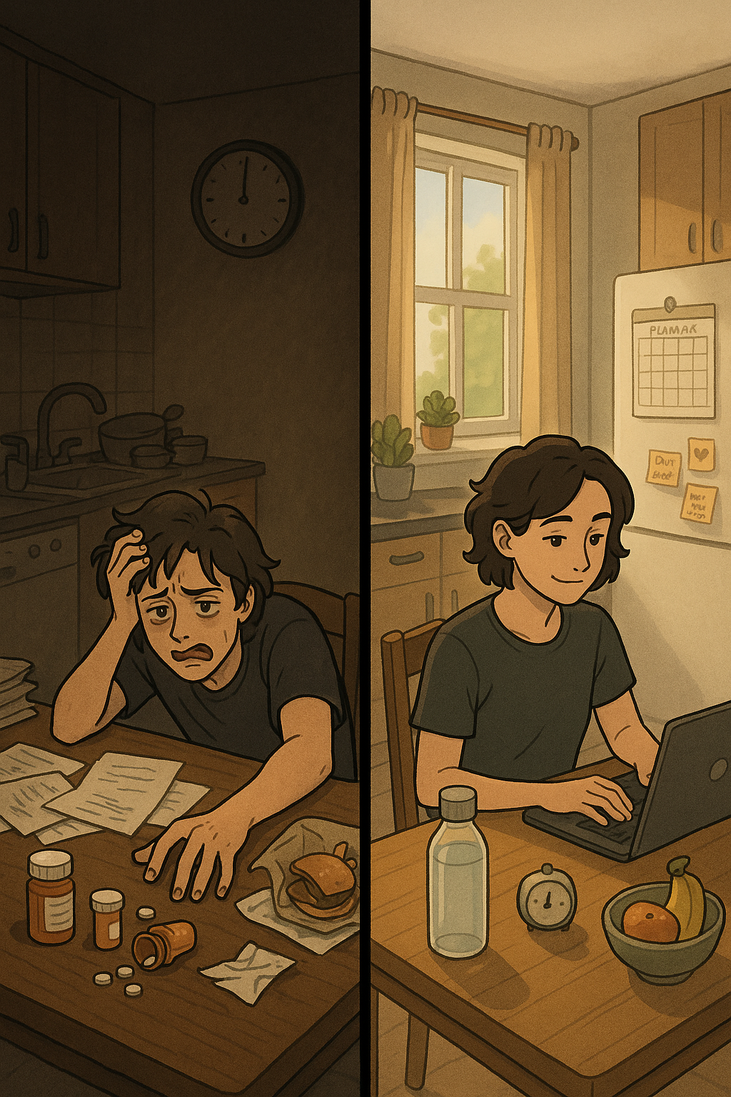 Split panel illustration showing a person's transformation from sitting overwhelmed at a cluttered table reaching for quick fixes, to the same person working calmly in an organised space with visible support systems and routines.