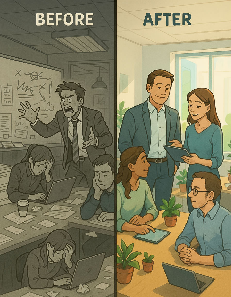 A split-panel illustration showing a stressed leader causing team chaos transforming into a calm, supportive leader guiding a focused, collaborative team in a bright, organised office.