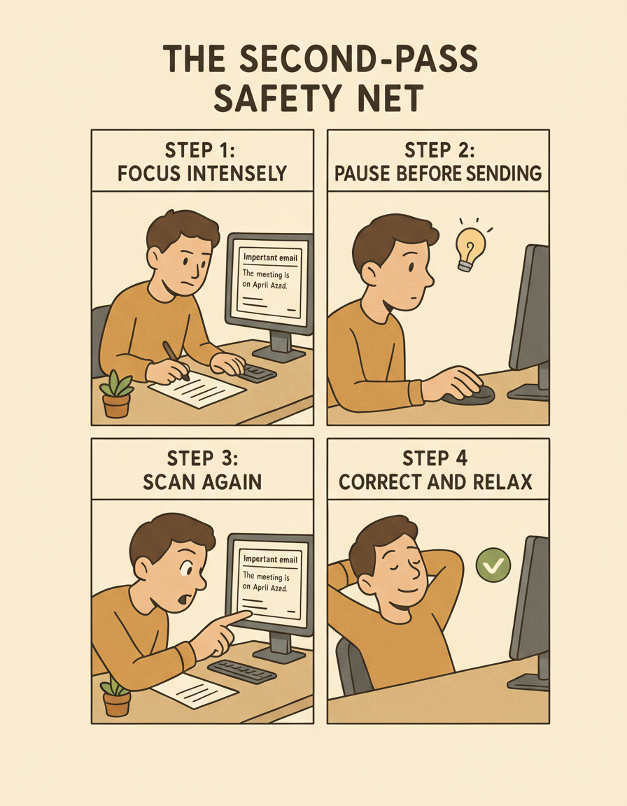 A four-panel comic strip showing a person at work checking an email twice, spotting an error during the second pass, and feeling relieved after correcting it before sending.