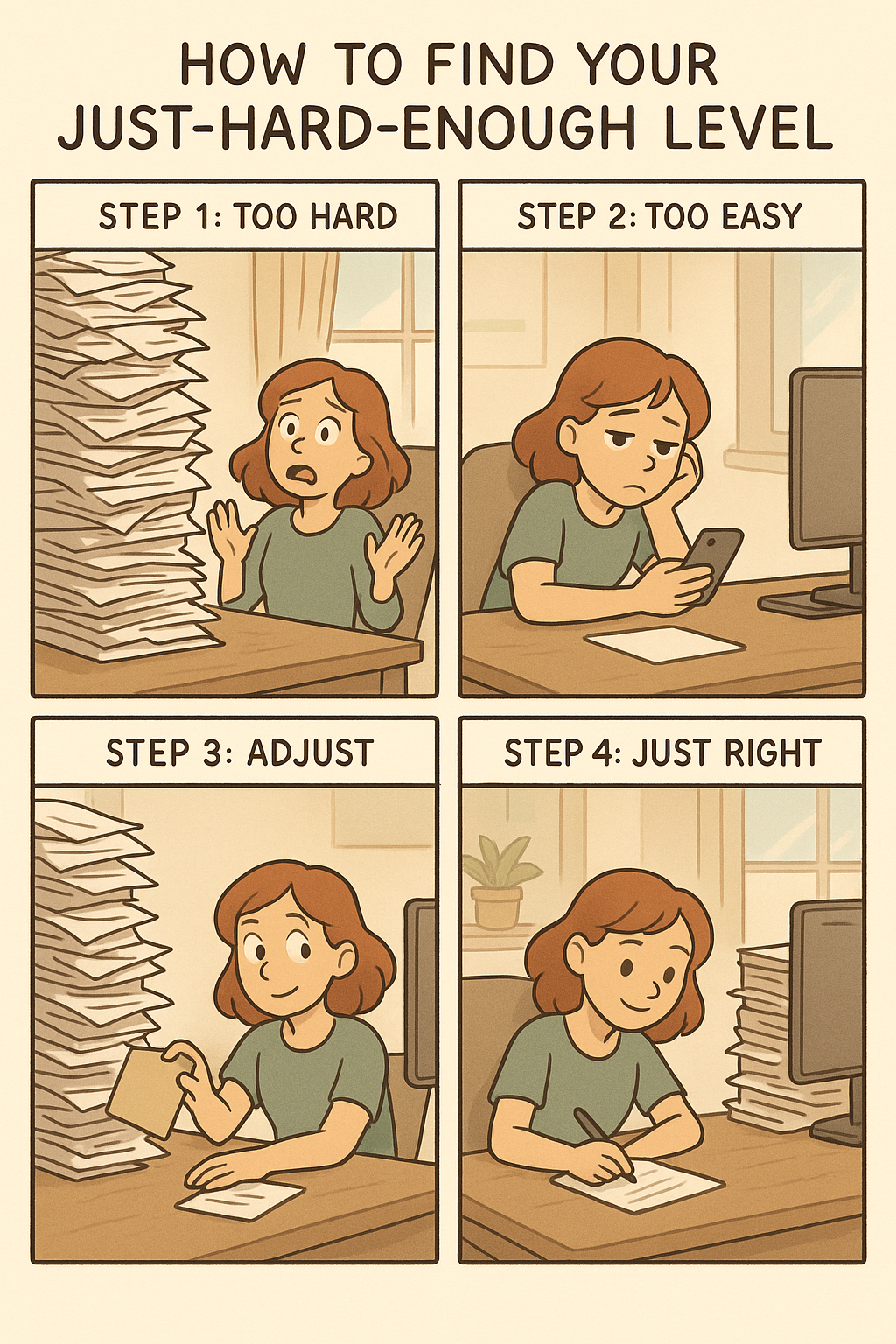 A four-panel comic strip showing a woman at her desk adjusting her task difficulty from overwhelming to manageable, illustrating how to find the just-right level of challenge for productive work.