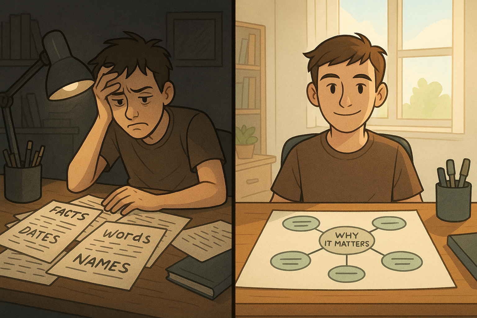 A split-panel illustration showing a student's transformation from feeling overwhelmed by messy, disconnected notes to sitting confidently with a clear concept map that connects ideas with purpose.