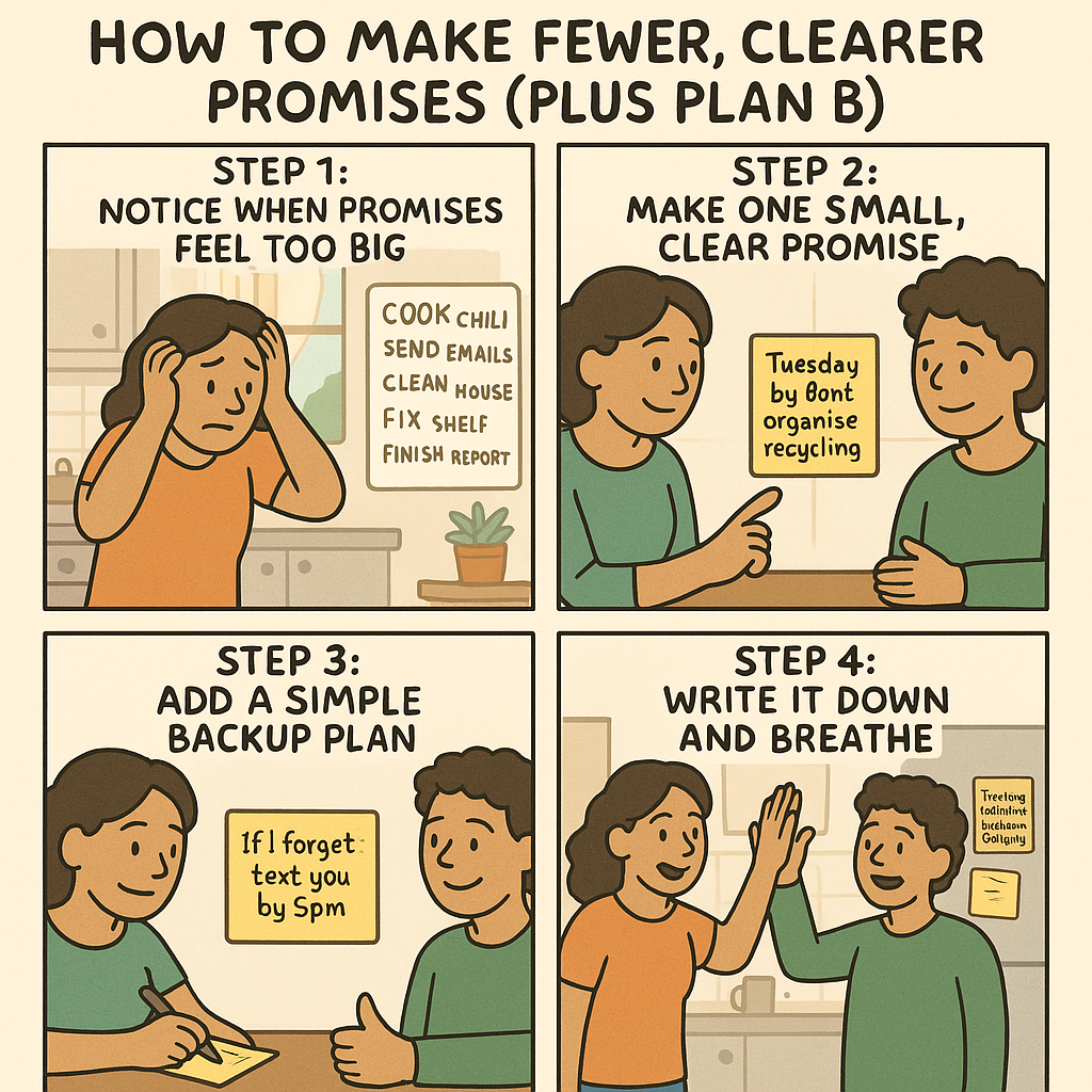 A four-panel comic strip showing a person learning to make smaller, clearer promises with a backup plan, progressing from overwhelm to calm confidence with their partner.