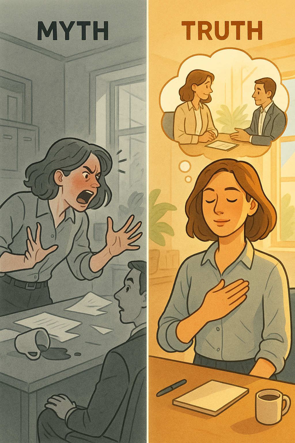 A diptych illustration showing a woman reacting impulsively in a chaotic office on the left, contrasted with the same woman pausing calmly with a thought bubble of a peaceful future conversation on the right.