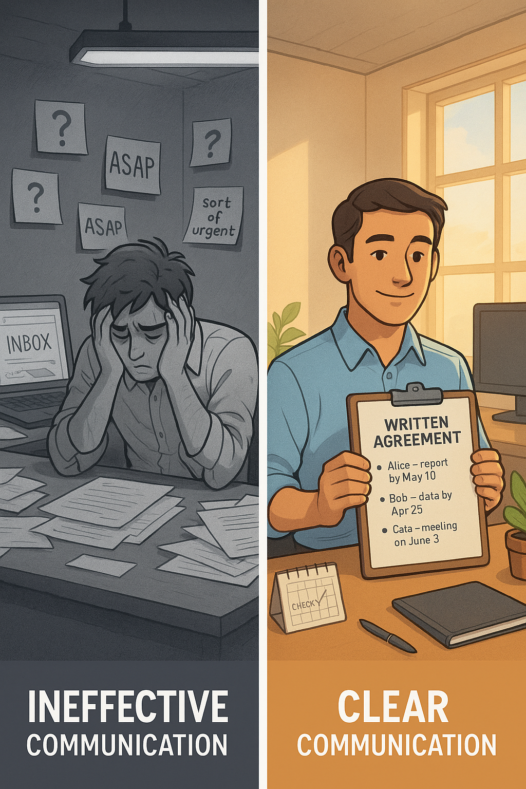 Side-by-side comparison showing a stressed office worker at a cluttered desk with vague sticky notes on the left, contrasted with a calm professional reviewing a clear written agreement with specific tasks and dates on the right