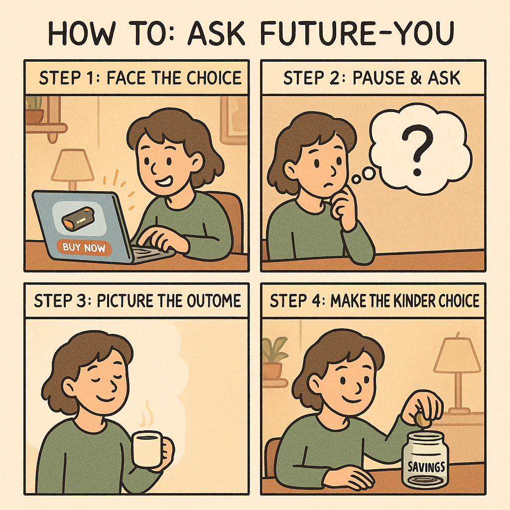 A four-panel comic illustrating a person pausing before an impulsive purchase to ask what their future self would want, leading to a wiser choice and feeling of relief.
