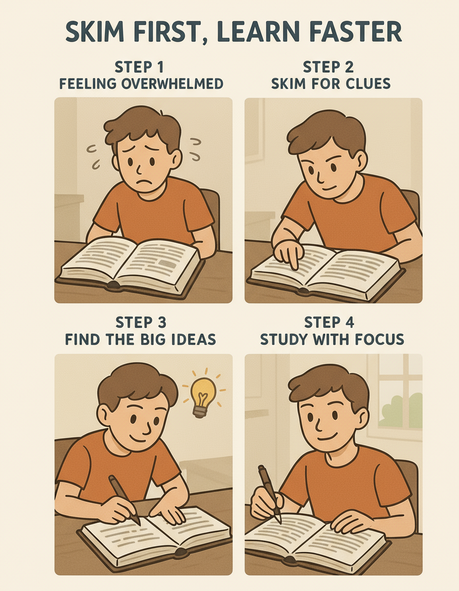 A four-panel comic strip showing a student transforming from overwhelmed to confident by first skimming a textbook to identify main ideas before studying in depth.