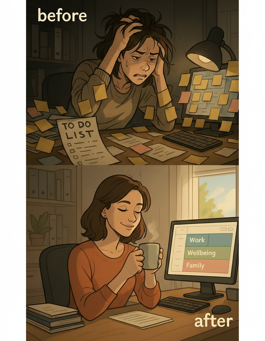 A split-panel illustration showing a woman transforming from overwhelm at a chaotic desk to calm satisfaction with a tidy, organised calendar.
