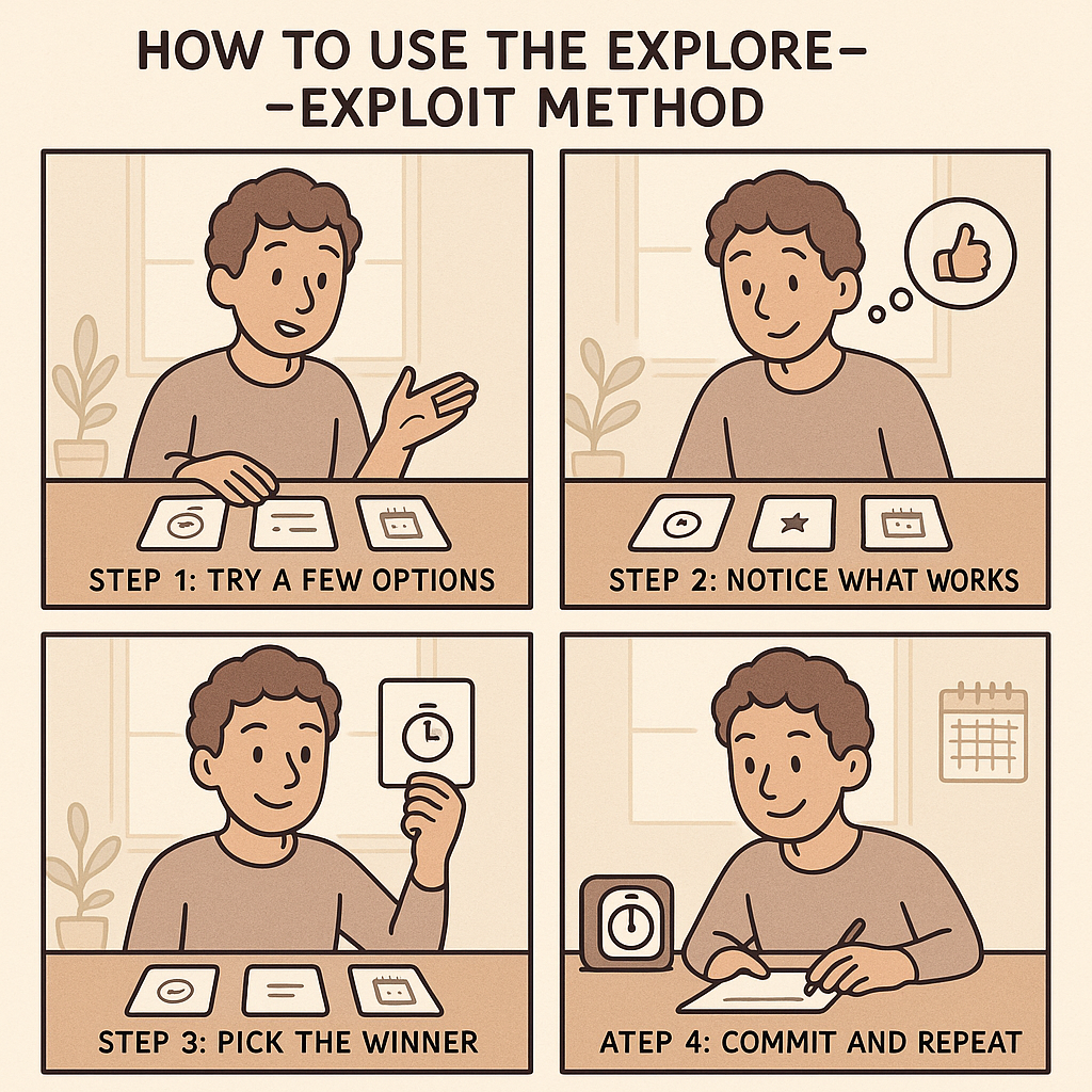 Four-panel comic strip showing a person testing different work routines, evaluating results, selecting the best method, and thriving through consistent practice.