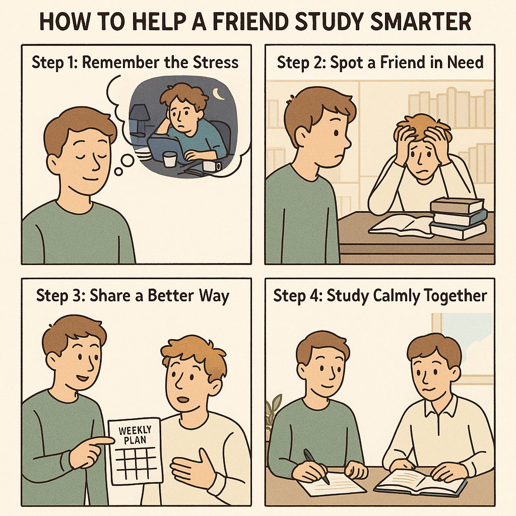 A four-panel comic showing students progressing from stressful cramming memories to peaceful collaborative study sessions with organised methods.