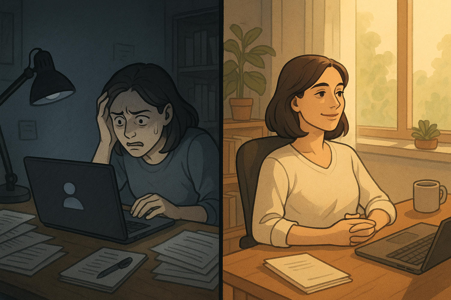 A split-panel illustration showing a woman's transformation during a video call from overwhelmed and anxious on the left to calm, confident, and composed on the right after using the three-step pause method.