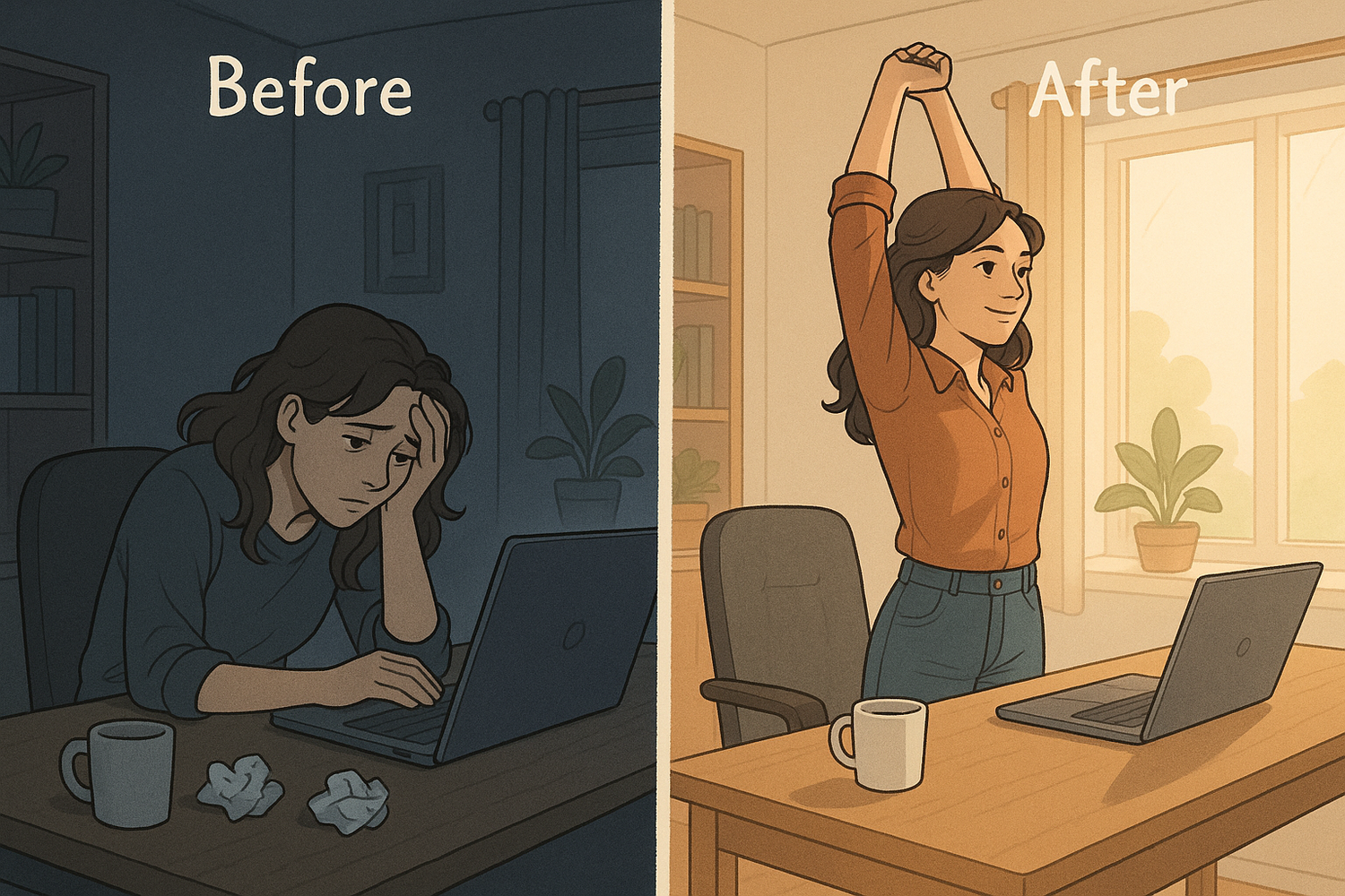 Split-panel illustration showing a woman's transformation from tired and slumped at her desk to energized and focused after a movement break in a bright home office