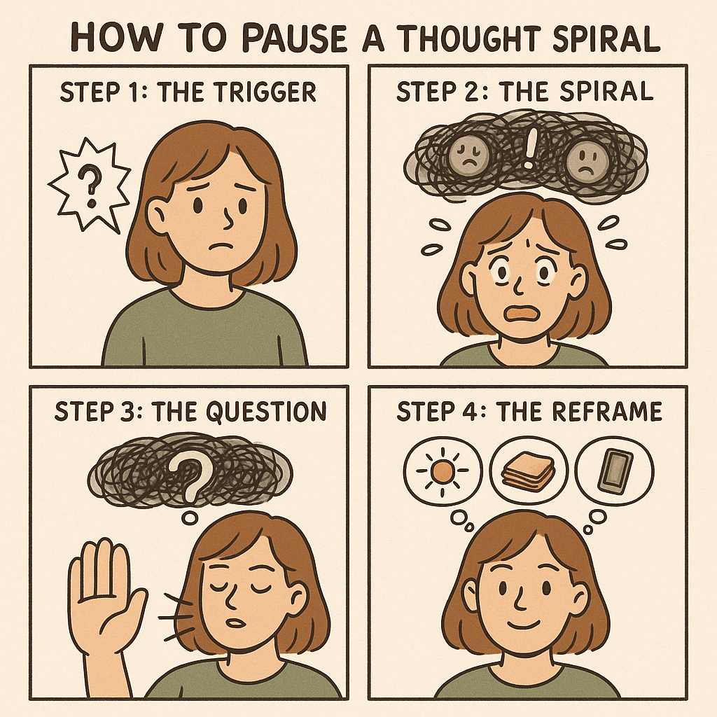 A four-panel comic strip showing a person learning to pause negative thought spirals by questioning assumptions and considering alternative explanations for confusing social interactions.