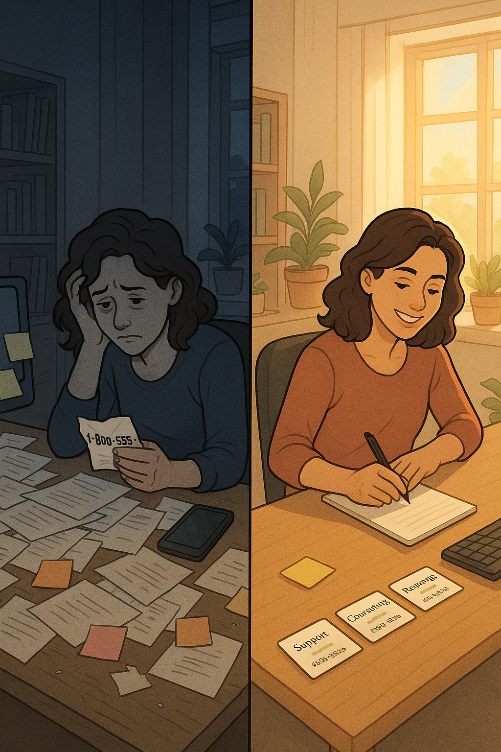 A woman at her desk transforms from overwhelmed with scattered papers to confident and organised with multiple support contacts arranged neatly beside her phone.