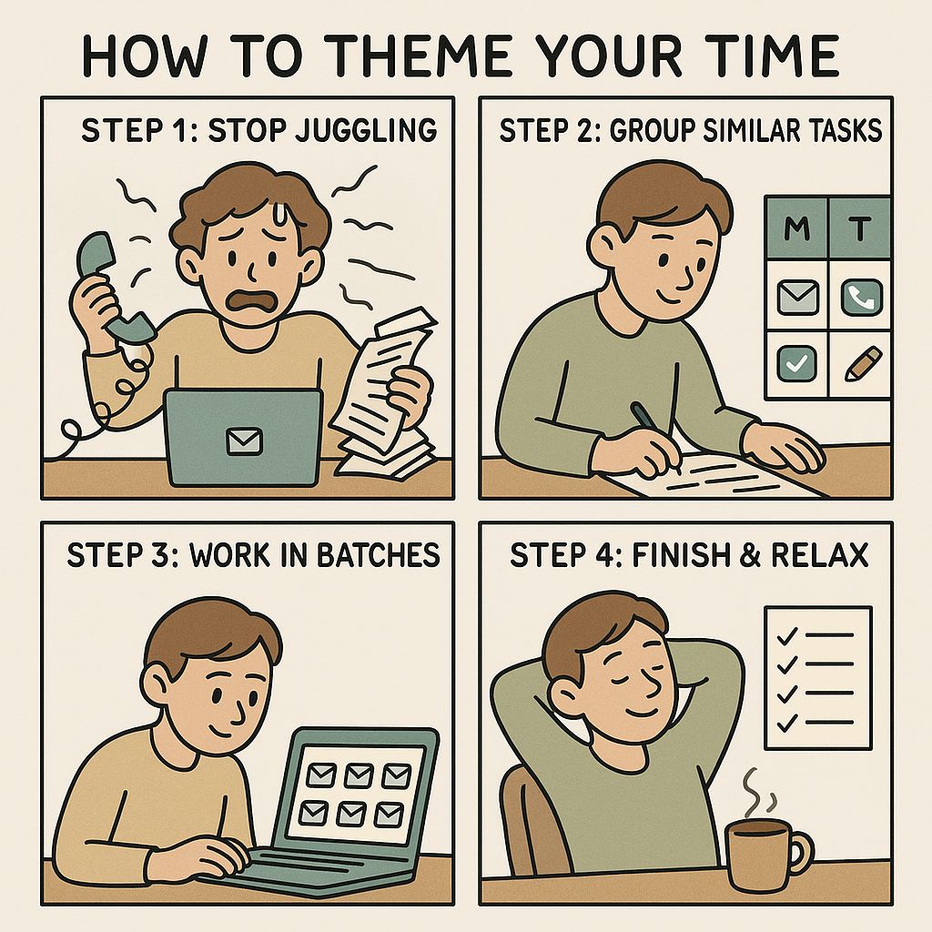 A four-panel comic strip showing a person's transformation from stressed multitasking to calm, focused productivity through task batching and themed time blocks.