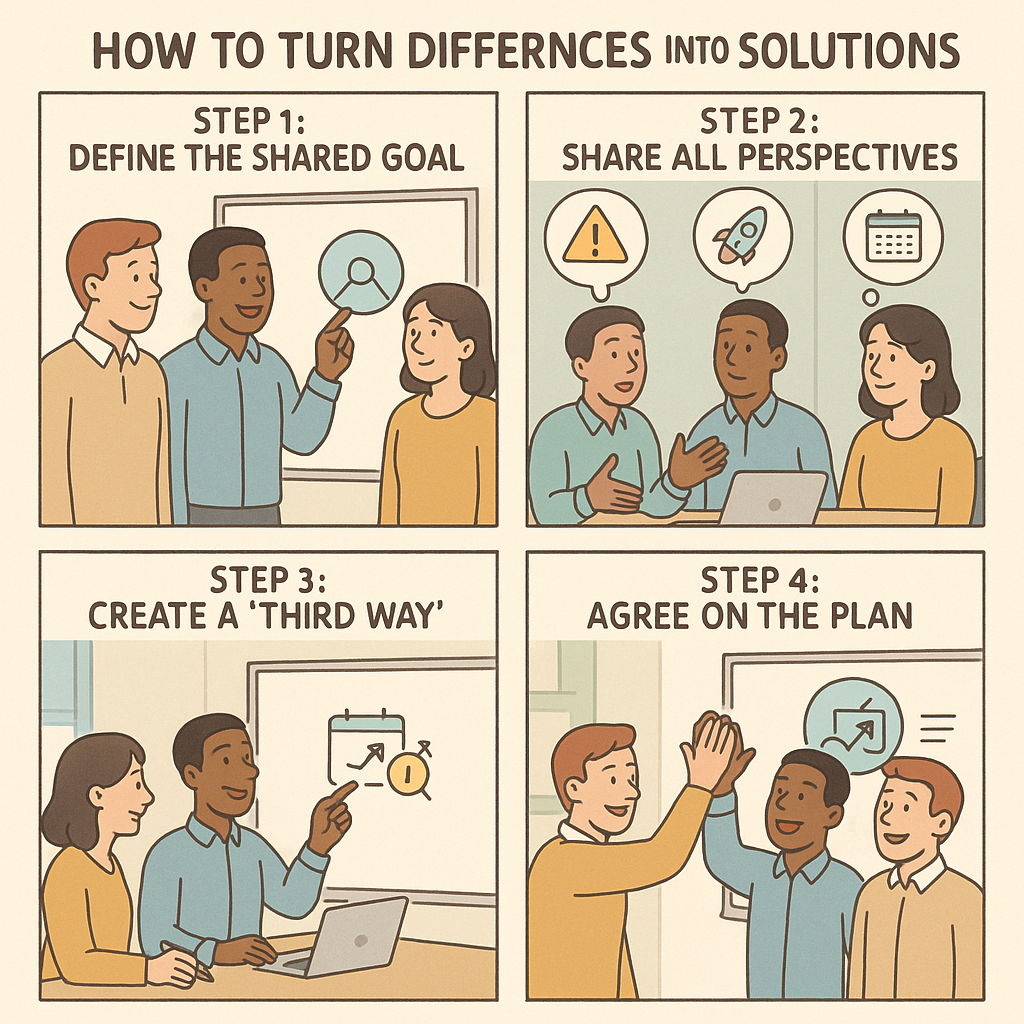 A four-panel comic strip showing a diverse team collaborating through defining goals, sharing perspectives, creating combined solutions, and celebrating their successful outcome together.