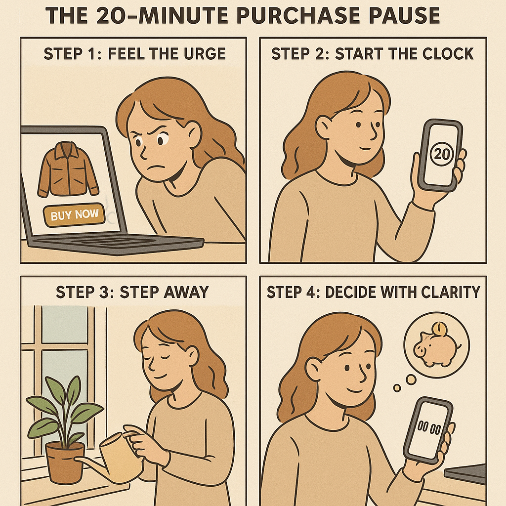 A four-panel comic strip showing a person recognising an impulse to buy online, setting a 20-minute timer, stepping away to water a plant, and making a calm decision with their laptop closed.
