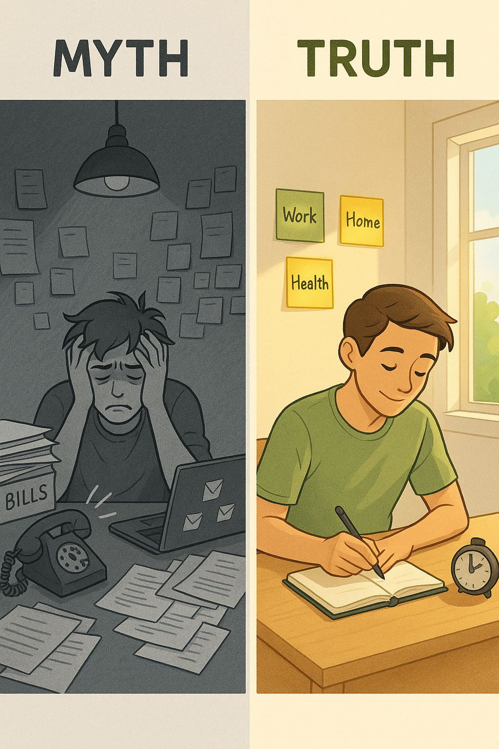 A diptych illustration comparing two approaches: the left shows a person overwhelmed at a cluttered desk in grey tones, whilst the right shows the same person calmly focused at an organised desk with highlighted priorities in vibrant colours.