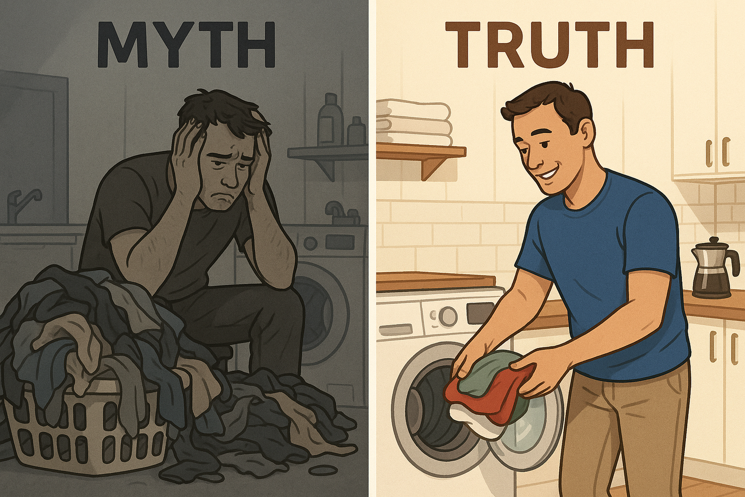 Side-by-side illustration showing a stressed man with chaotic laundry pile on the left versus the same man calmly loading washing machine whilst coffee brews on the right