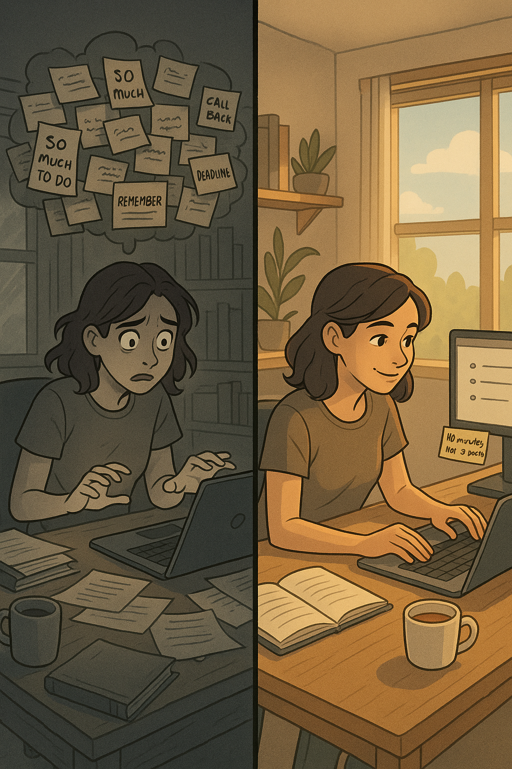 A young woman transforming from anxious and frozen at her cluttered desk to confidently taking action with an organised workspace and clear first step.