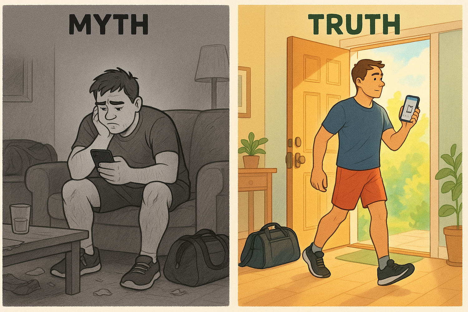 A split-screen illustration showing a frustrated man on a couch versus the same man confidently heading to the gym with his environment set up for success.