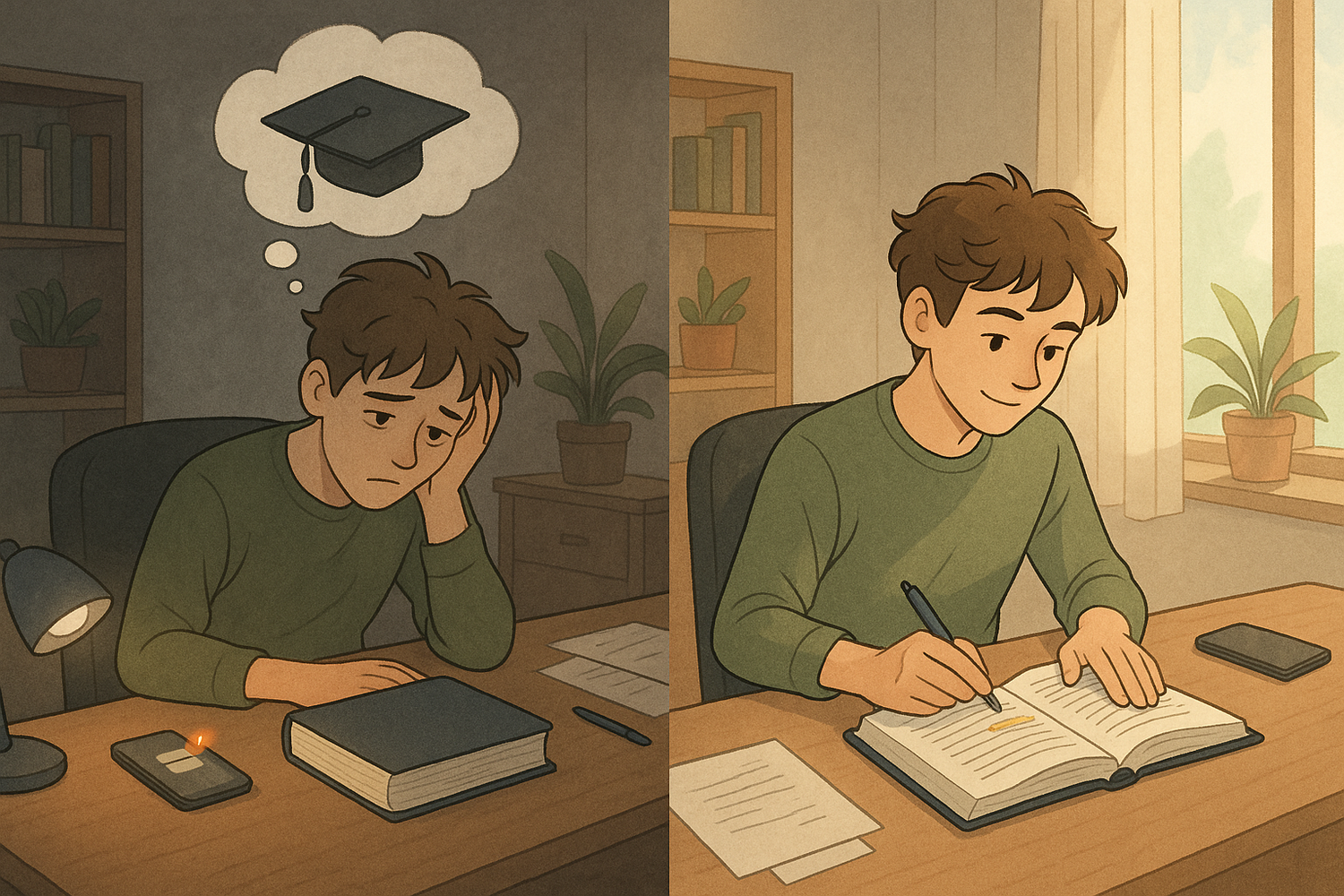 Split-panel illustration showing a student's transformation from overwhelmed procrastination to calm, focused studying at their desk.