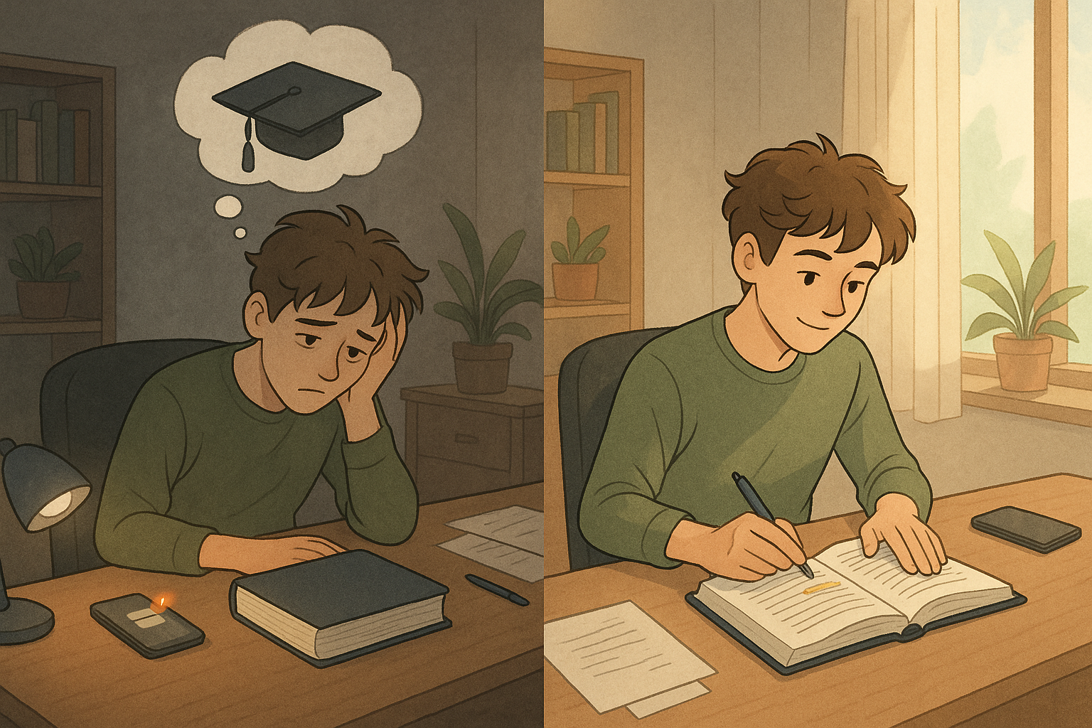 Split-panel illustration showing a student's transformation from overwhelmed procrastination to calm, focused studying at their desk.