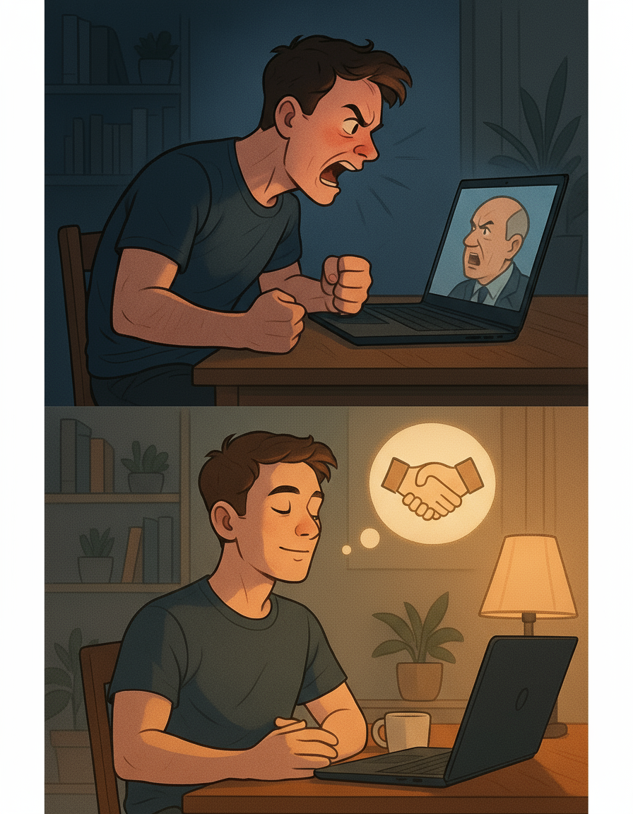 A split panel illustration showing a man transforming from angry and reactive during a video call to calm and thoughtfully visualising a positive outcome with a peaceful expression