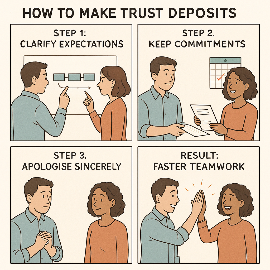 A four-panel comic strip showing workplace trust-building steps: colleagues clarifying expectations at a whiteboard, keeping commitments with completed documents, apologising sincerely, and celebrating successful teamwork with a high-five.