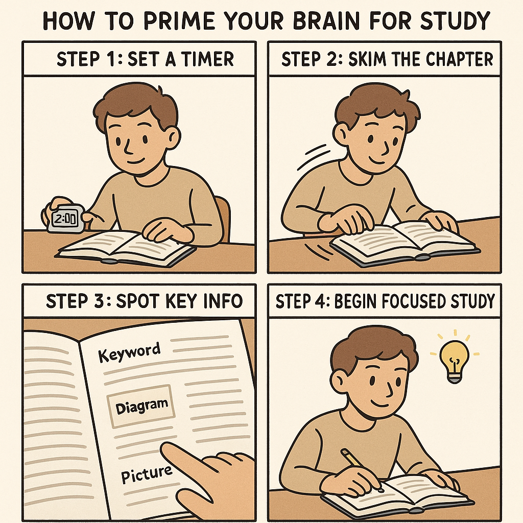 A four-panel comic strip showing a student performing a picture walk study technique, setting a timer, skimming chapter headings, spotting key information, and beginning focused study with confidence.