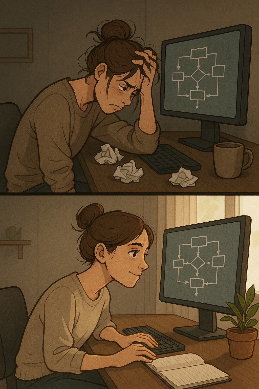 A woman at her desk transforming from frustrated and defeated to focused and calm while working on a difficult task