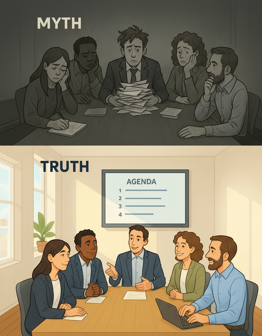 Split-screen illustration comparing a chaotic, agenda-less meeting with confused participants on the left versus a focused, organised meeting with engaged professionals reviewing a clear agenda on the right.