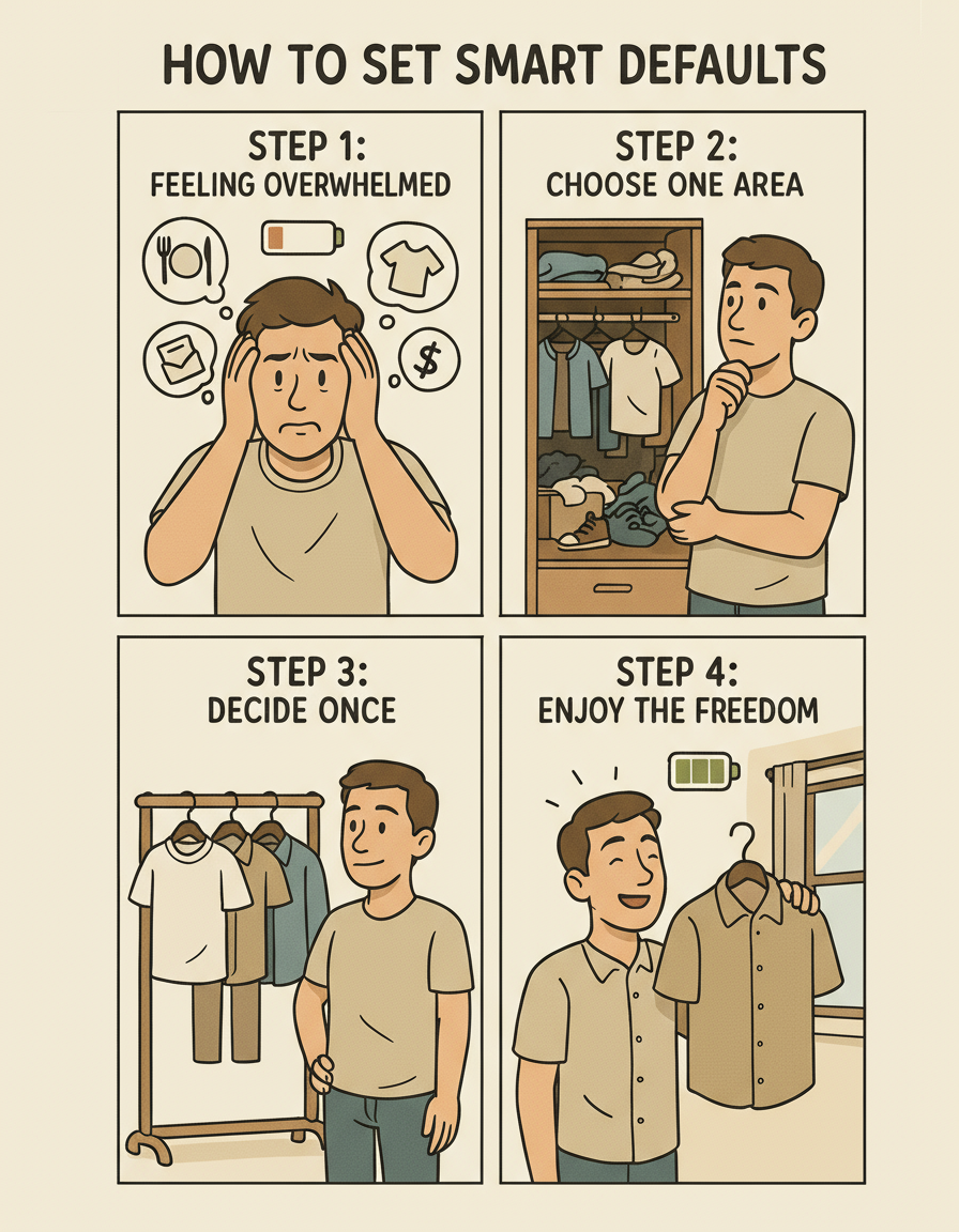 A four-panel comic strip showing a person's journey from feeling overwhelmed by daily decisions to successfully implementing smart defaults, with their mental energy battery going from depleted to fully charged.