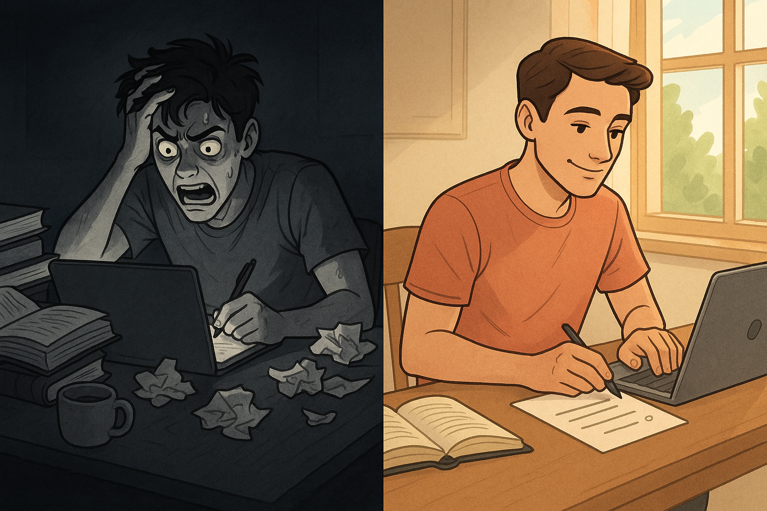 Side-by-side comparison showing a stressed student cramming in a dark, chaotic room versus a calm student writing with a plan in a bright, organised space.