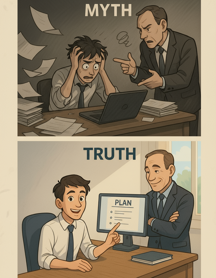 A vertical diptych illustration comparing a stressed worker at a chaotic desk receiving vague instructions in the top panel with a calm, organised worker confidently sharing a clear plan with their supportive boss in the bright bottom panel.