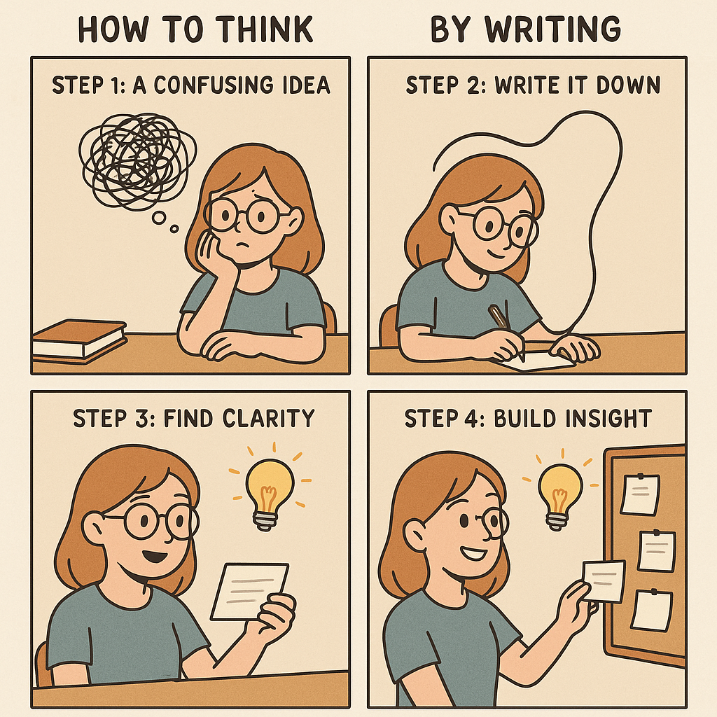 A four-panel comic strip showing a woman transforming a tangled mental scribble into a clear, organised note, leading to a lightbulb moment of understanding.
