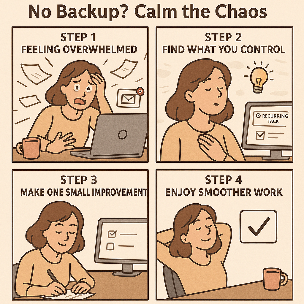 A four-panel comic strip showing a woman transforming from overwhelmed to calm by creating a simple checklist for a recurring task at her desk