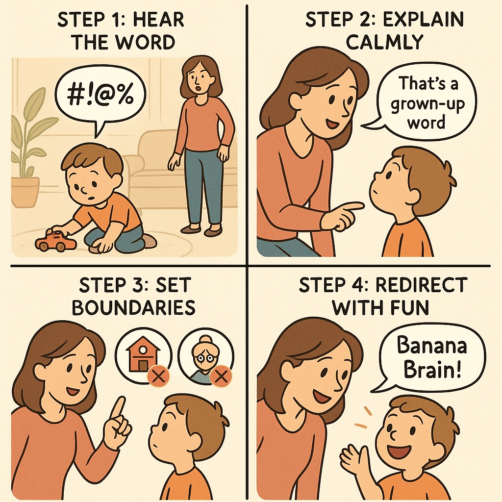 A four-panel comic strip showing a mother calmly teaching her child about appropriate language use through explanation, boundary-setting, and fun redirection rather than punishment.