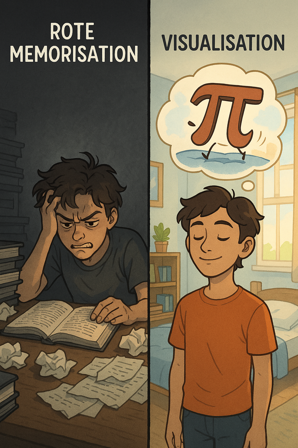 Side-by-side comparison showing a stressed student cramming at a cluttered desk versus the same student calmly visualising a memory palace with colourful mental images in a bright, organised room.