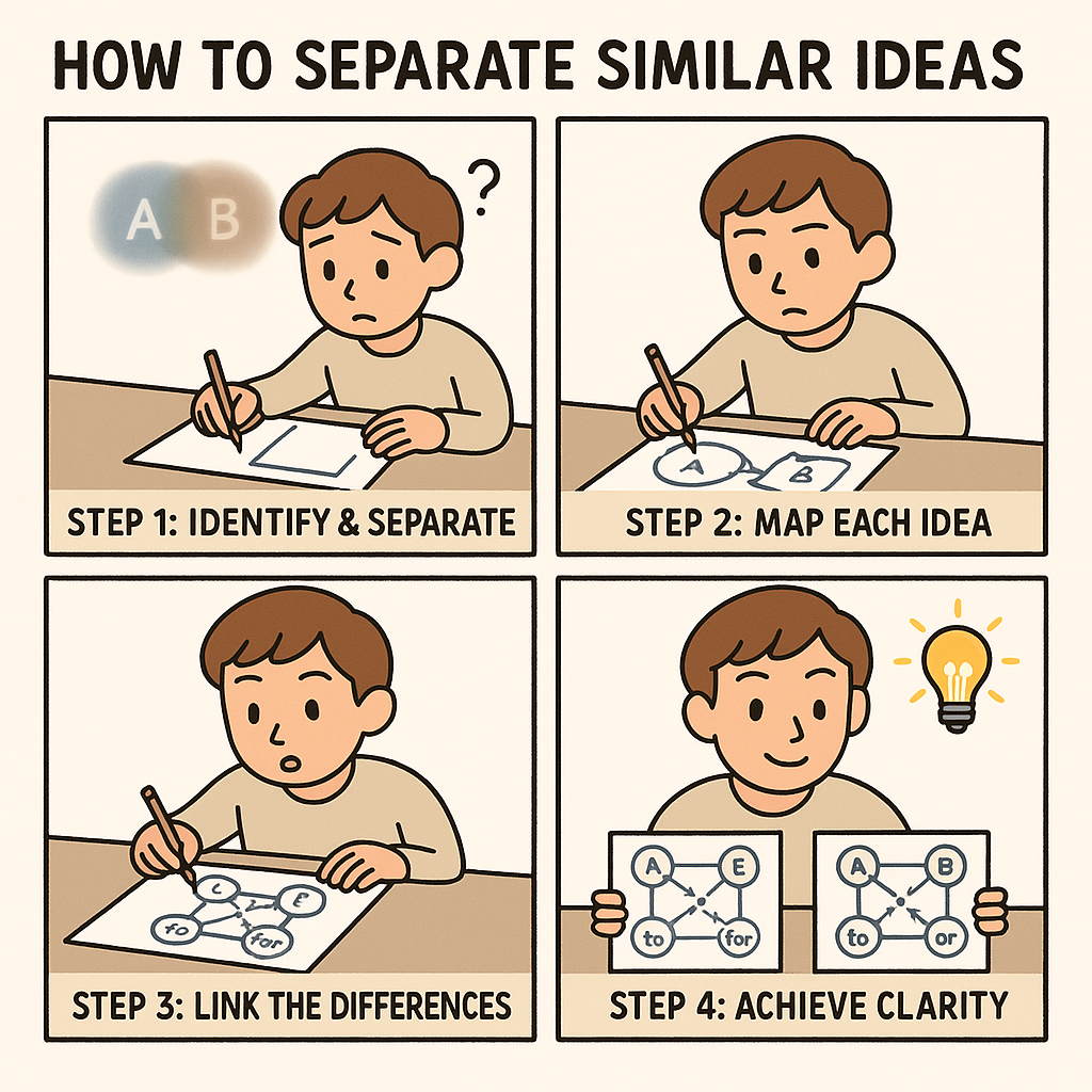 A four-panel comic strip showing a student learning to use split concept maps to differentiate between similar ideas, progressing from confusion to clarity with visual mapping techniques.