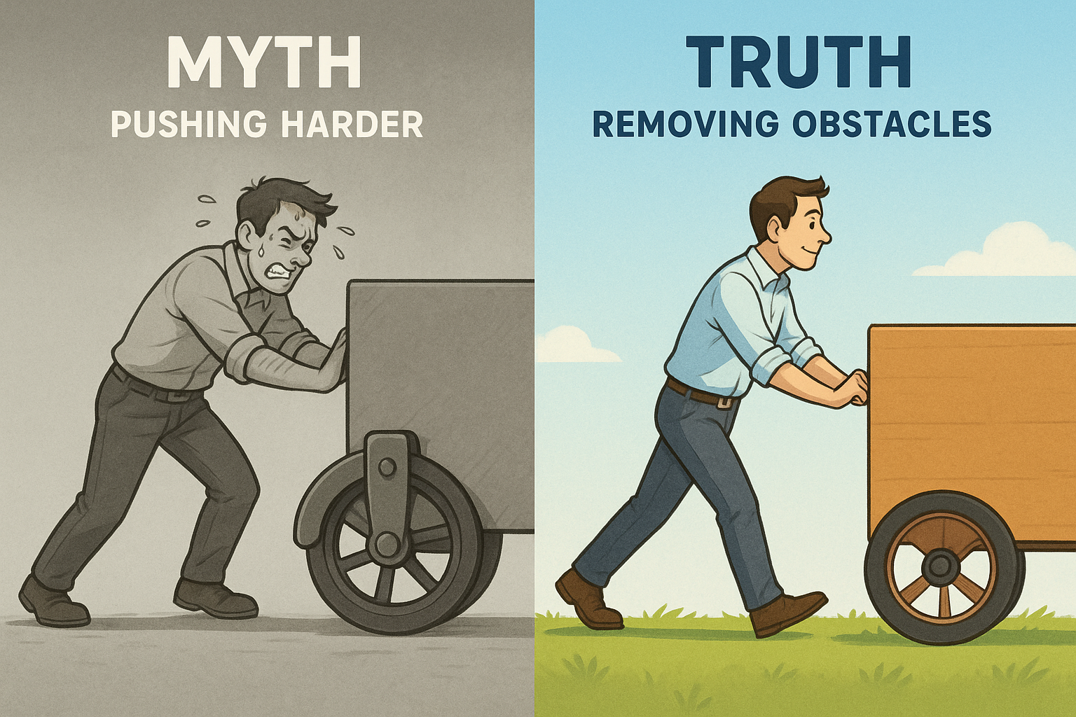 Split illustration showing a man struggling to push a cart with the brake engaged on the left, and the same man easily pushing the cart after releasing the brake on the right