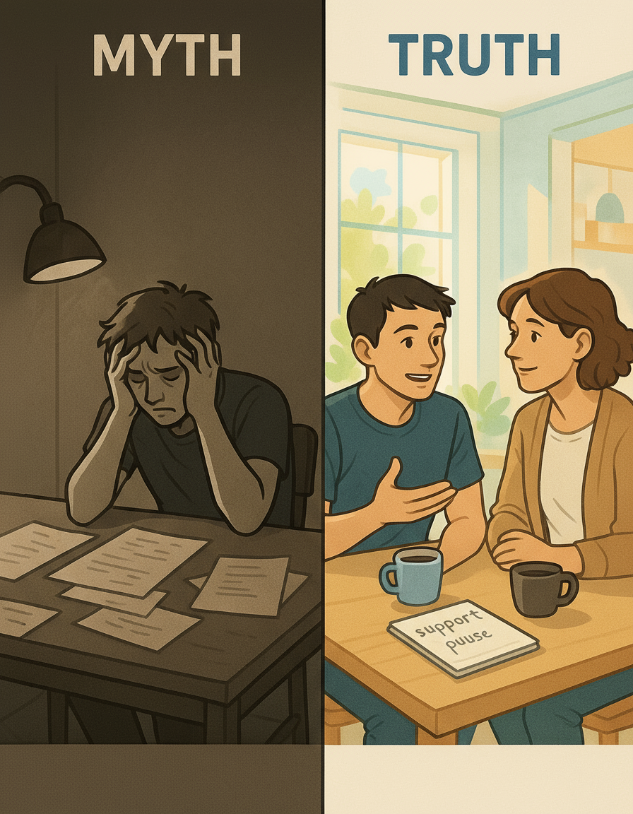 A side-by-side illustration comparing isolation with connection: one person alone and overwhelmed, contrasted with two people engaged in supportive conversation in a bright, welcoming setting.