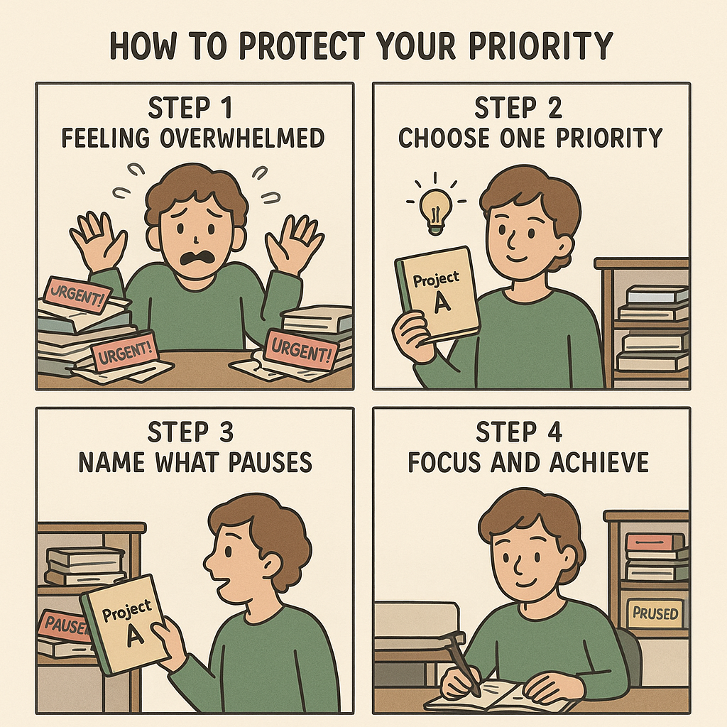 A four-panel comic strip showing a person moving from feeling overwhelmed by multiple urgent tasks to calmly focusing on one priority after clearly communicating which tasks are paused