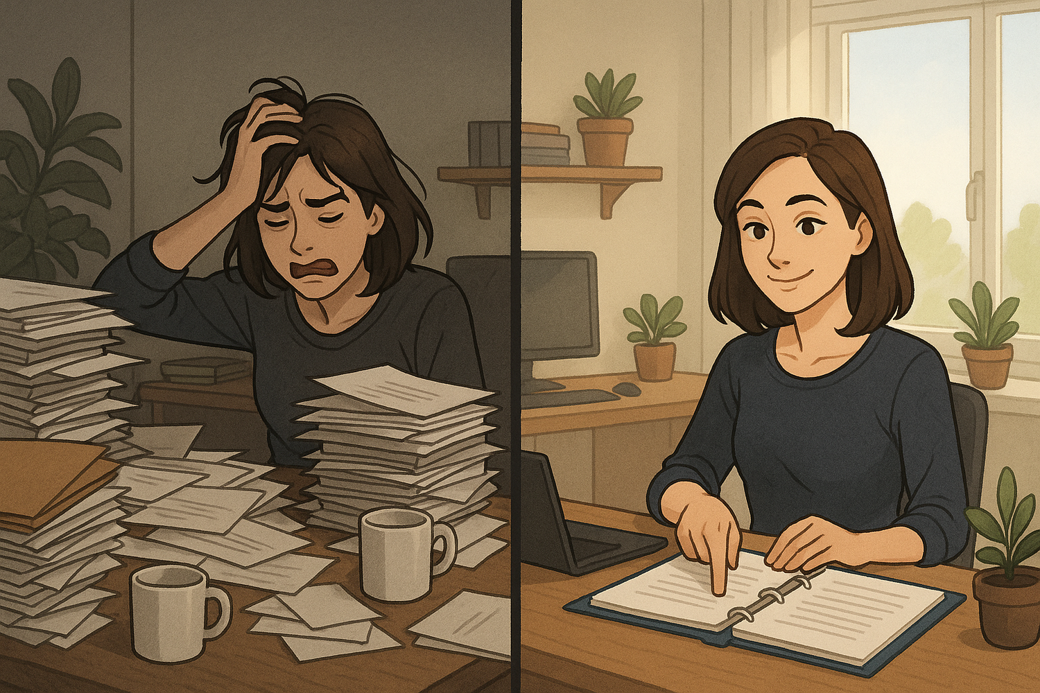 Split-panel illustration showing a woman's desk transformation from cluttered chaos to organised calm with a single Active Projects binder