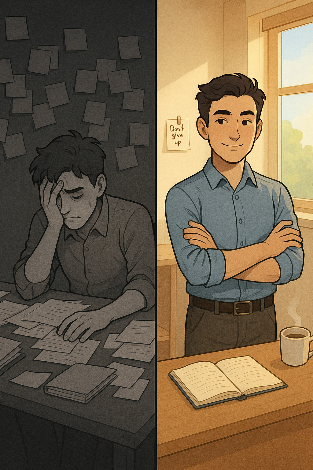 A diptych illustration showing a person's transformation from self-doubt to confidence, with the left panel depicting them hunched at a cluttered desk in dim light, and the right panel showing them standing tall in a bright, organised workspace.